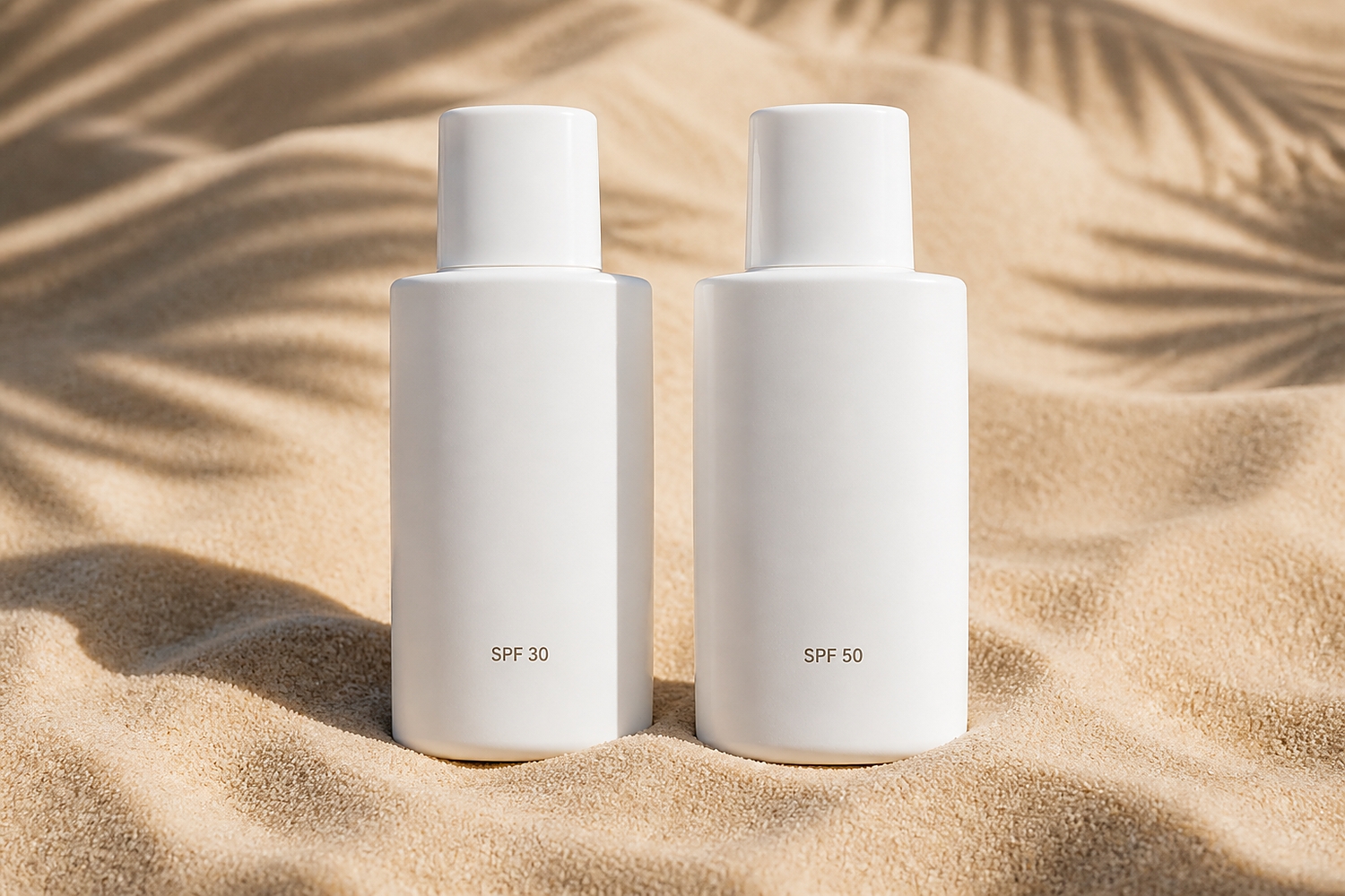 Два белых флакона солнцезащитного крема с надписями SPF 30 и SPF 50 стоят на песке в тени от пальмовых листьев