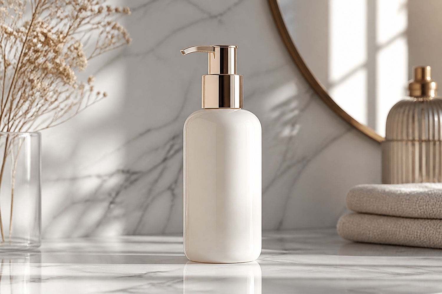 Белый флакон с золотистым дозатором Nashi Argan стоит на мраморной столешнице рядом с полотенцами и сухоцветами